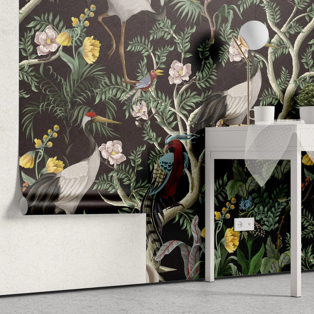 Tapet personalizat oriental cu cocori japonezi si fazani intr o jungla exotica orientala inflorita oriental jungle