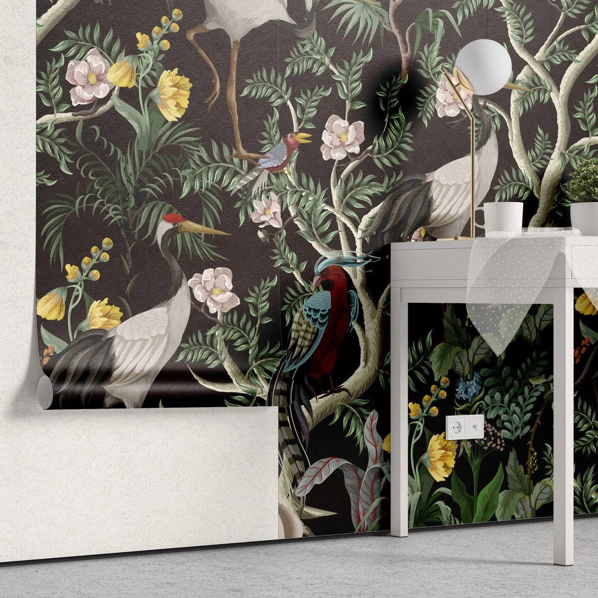 Tapet personalizat oriental cu cocori japonezi si fazani intr o jungla exotica orientala inflorita oriental jungle