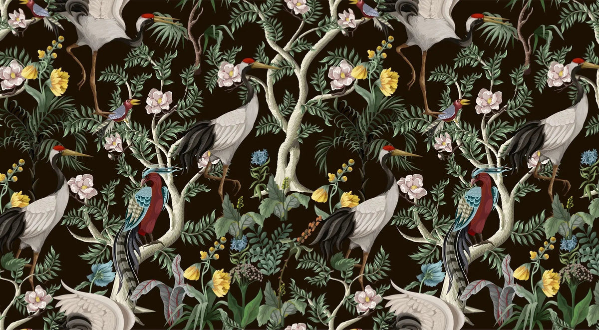 Tapet personalizat oriental cu cocori japonezi si fazani intr o jungla exotica orientala inflorita oriental jungle
