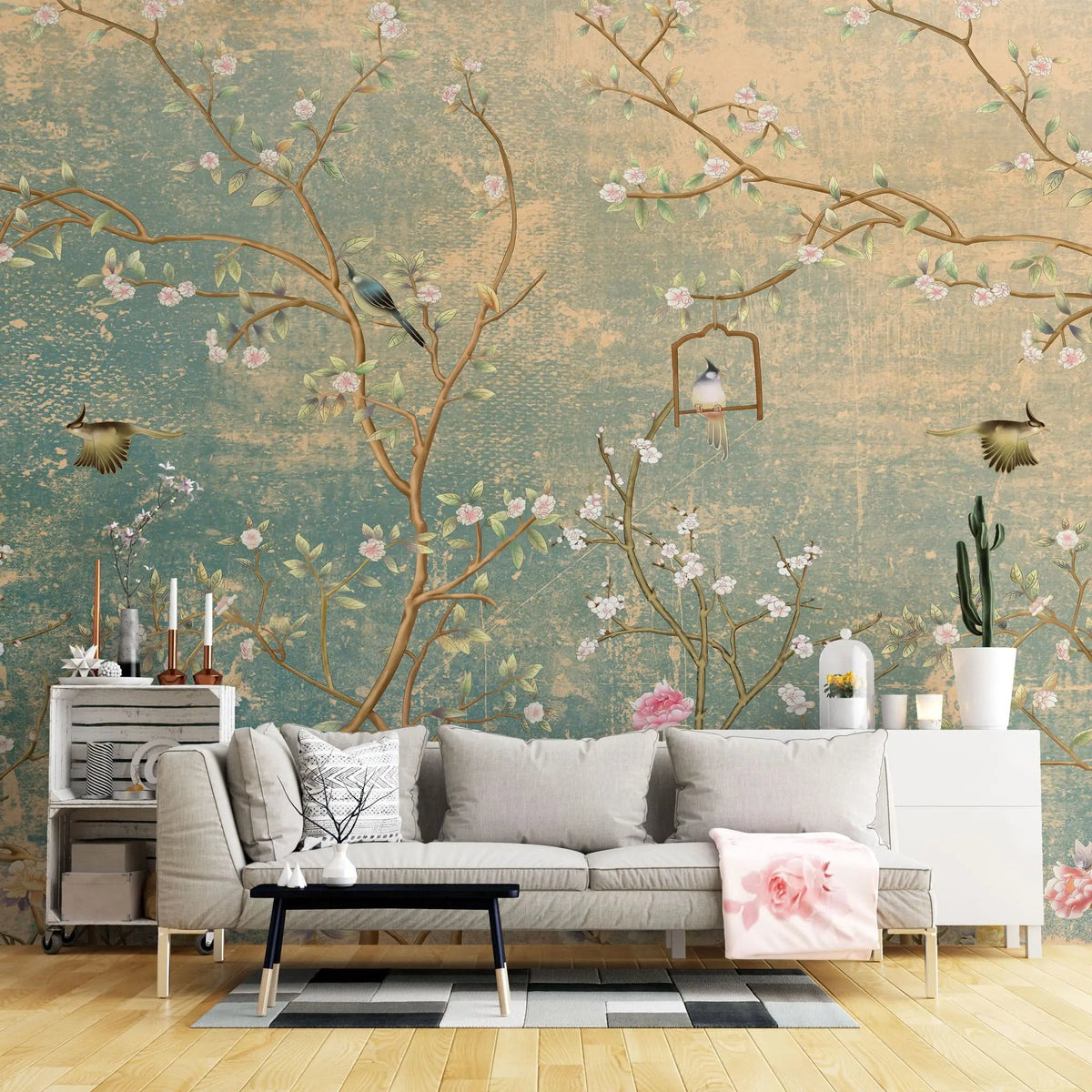 Fototapet personalizat zen oriental cu motive chinezesti in stil chinoiserie vintage in nuante calde vintage chinoiserie