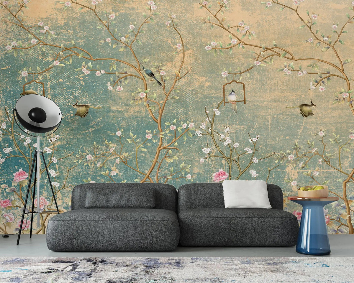 Fototapet personalizat zen oriental cu motive chinezesti in stil chinoiserie vintage in nuante calde vintage chinoiserie