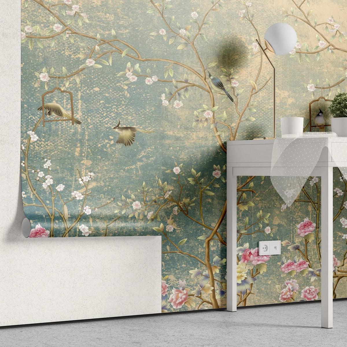 Fototapet personalizat zen oriental cu motive chinezesti in stil chinoiserie vintage in nuante calde vintage chinoiserie