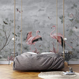 Fototapet personalizat zen oriental cu flori si pasari flamingo pe un fundal gri pink grayscale
