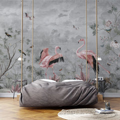 Fototapet personalizat zen oriental cu flori si pasari flamingo pe un fundal gri pink grayscale