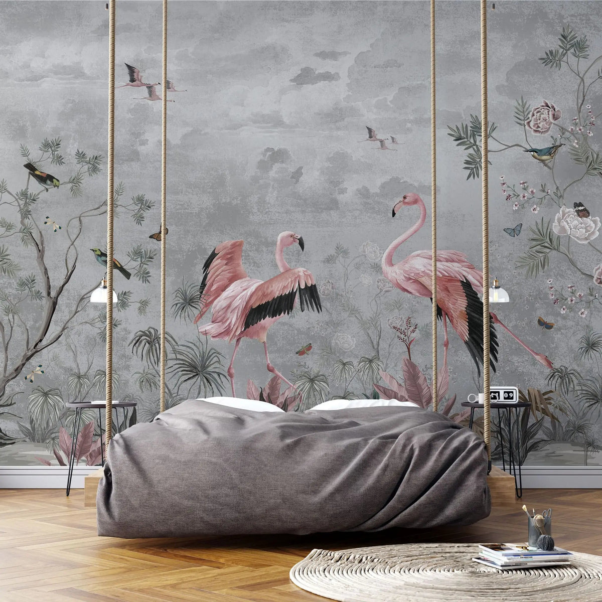 Fototapet personalizat zen oriental cu flori si pasari flamingo pe un fundal gri pink grayscale