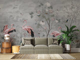 Fototapet personalizat zen oriental cu flori si pasari flamingo pe un fundal gri pink grayscale