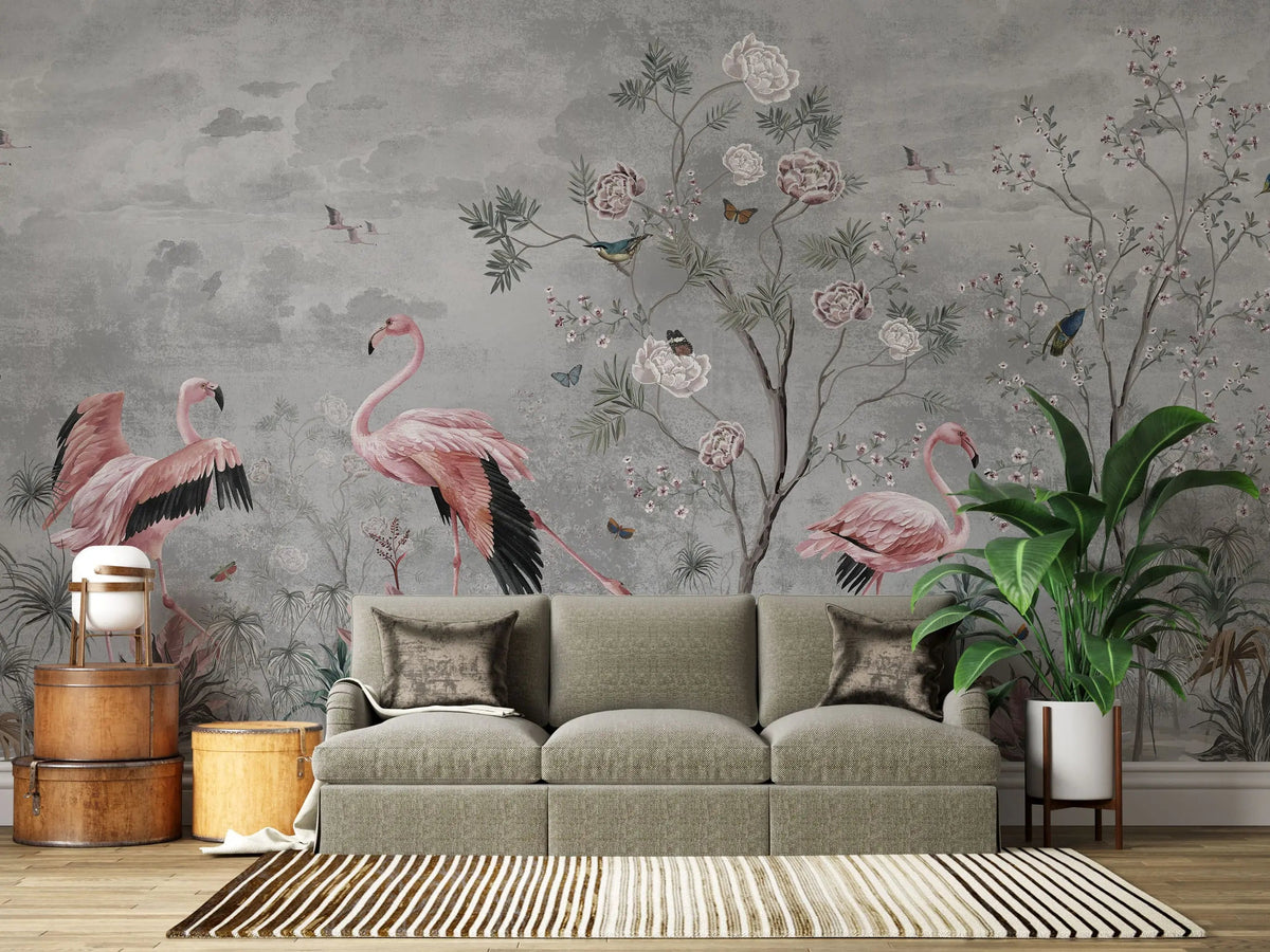 Fototapet personalizat zen oriental cu flori si pasari flamingo pe un fundal gri pink grayscale
