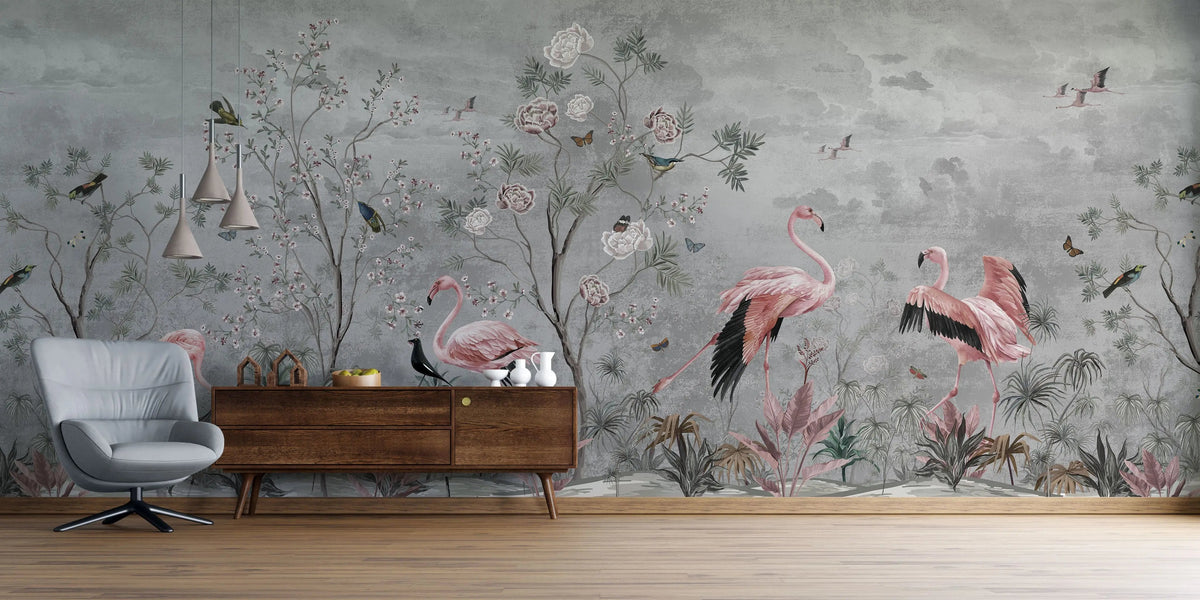 Fototapet personalizat zen oriental cu flori si pasari flamingo pe un fundal gri pink grayscale