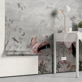 Fototapet personalizat zen oriental cu flori si pasari flamingo pe un fundal gri pink grayscale