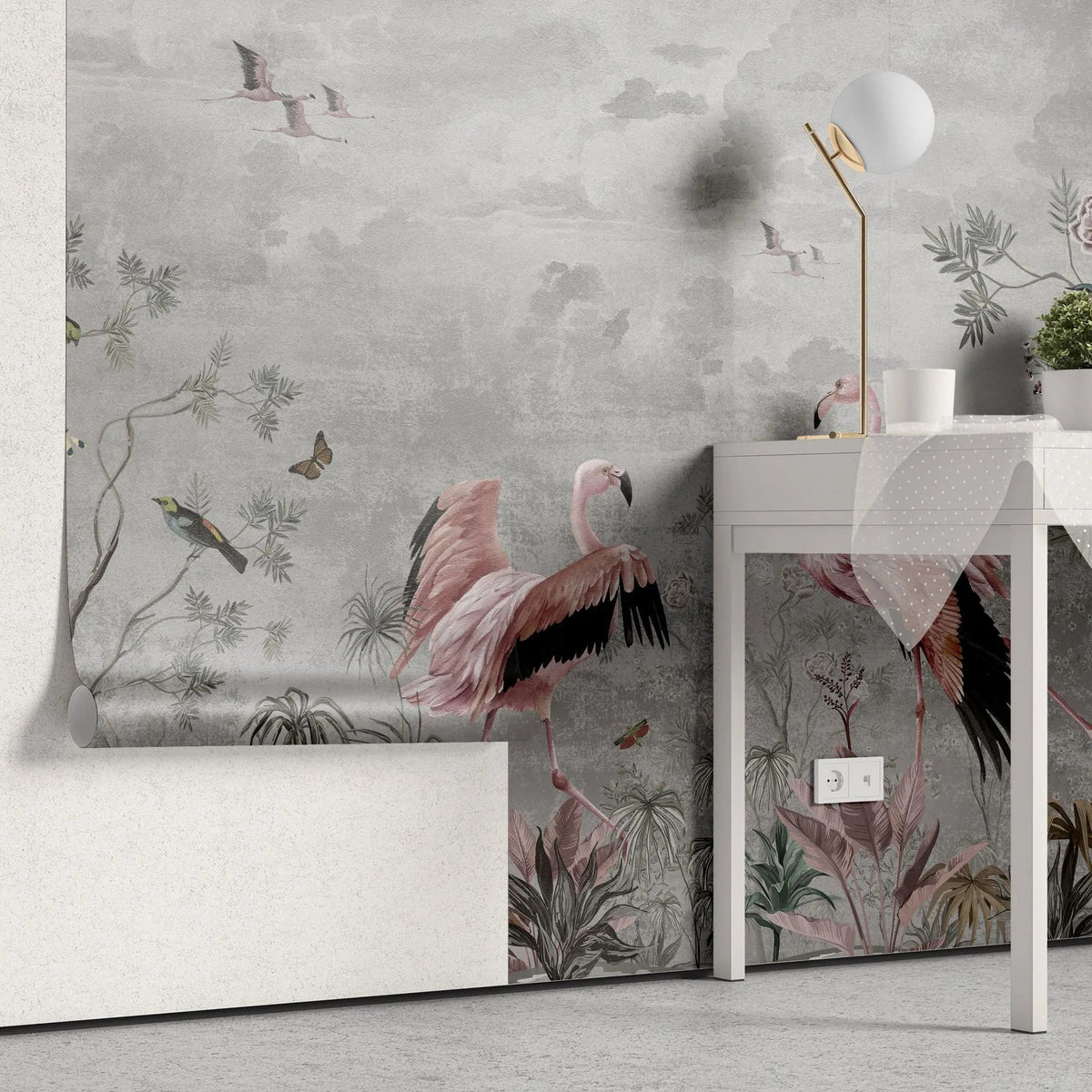 Fototapet personalizat zen oriental cu flori si pasari flamingo pe un fundal gri pink grayscale