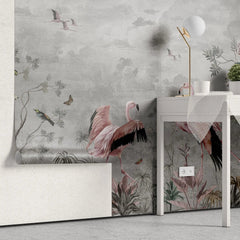 Fototapet personalizat zen oriental cu flori si pasari flamingo pe un fundal gri pink grayscale