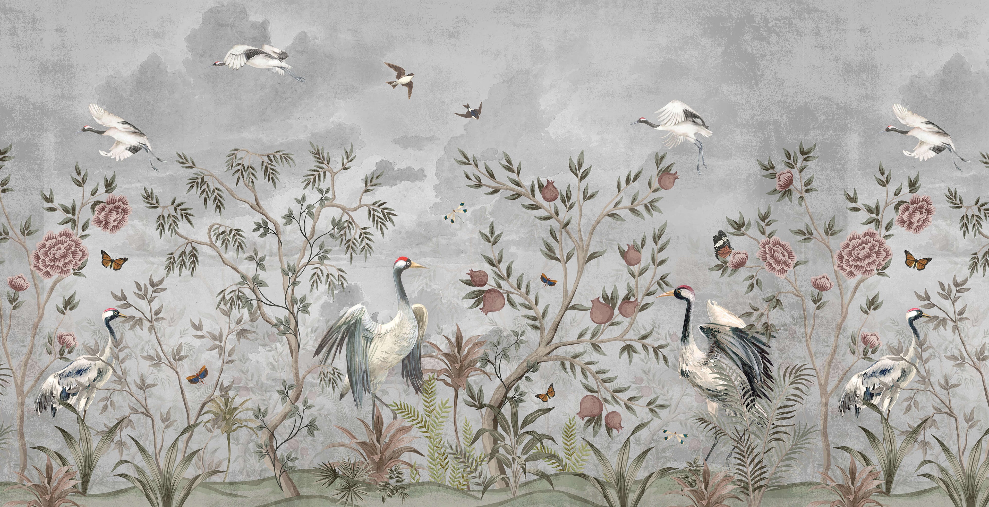 Tapet personalizat - GRAYSCALE ORIENTAL BIRDS