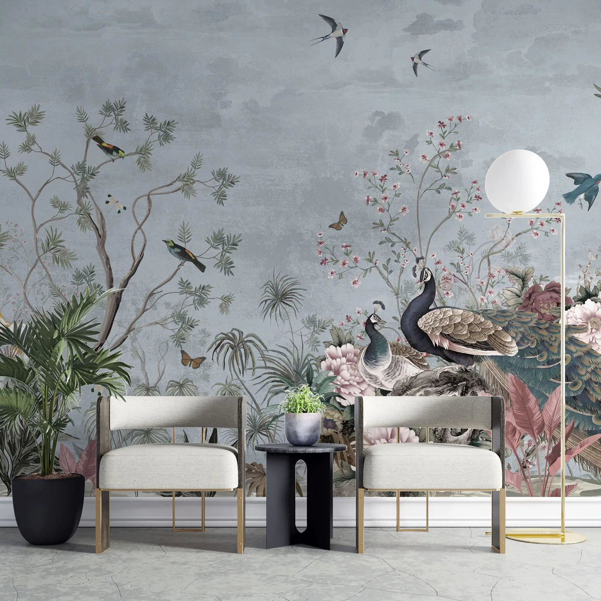 Tapet personalizat zen oriental cu pasari si plante orientale pauni si copaci infloriti pe cerul albastru oriental bird's bliss