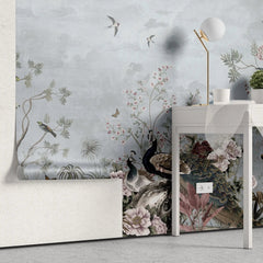 Tapet personalizat zen oriental cu pasari si plante orientale pauni si copaci infloriti pe cerul albastru oriental bird's bliss