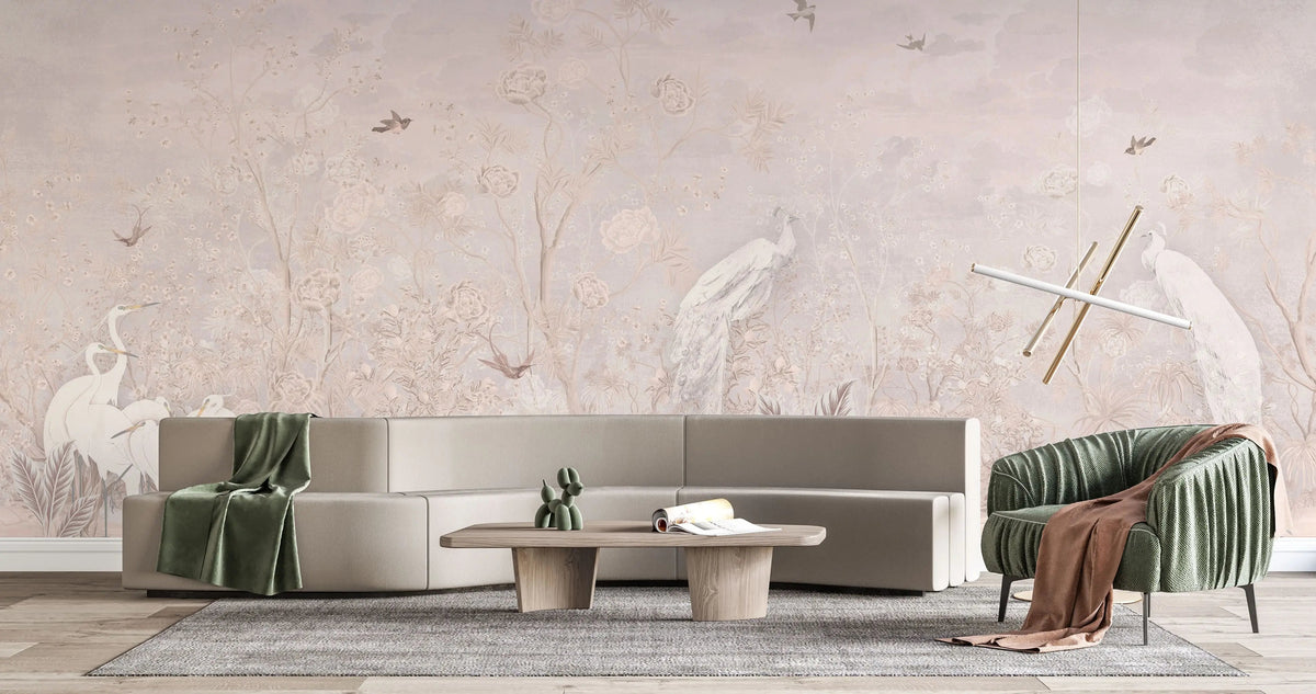 Tapet personalizat zen oriental cu pauni albi pe un fundal roz paled pink zen