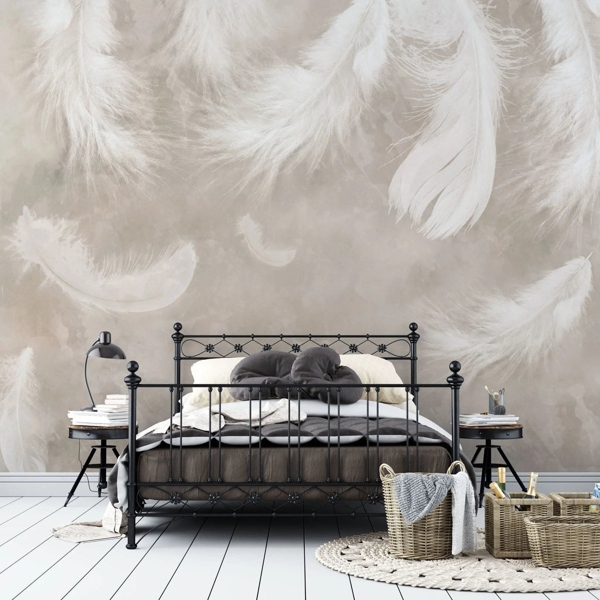 Tapet personalizat zen oriental cu pene albe pe un fundal bej feathers