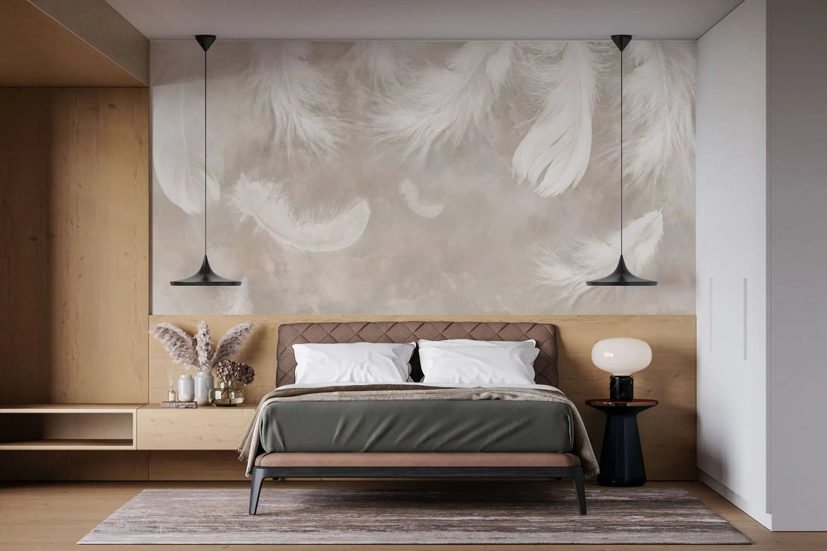 Tapet personalizat zen oriental cu pene albe pe un fundal bej feathers