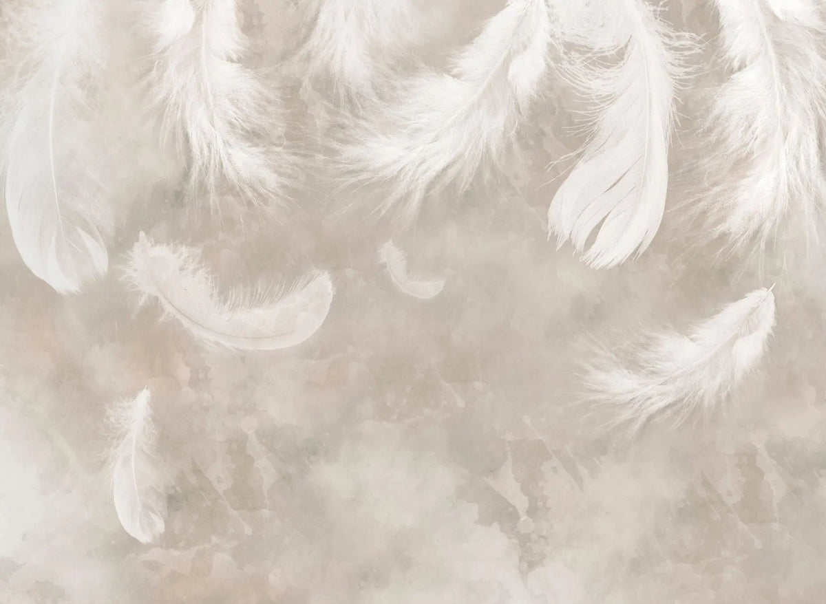 Tapet personalizat zen oriental cu pene albe pe un fundal bej feathers