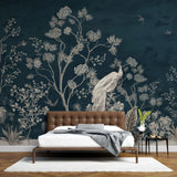 Tapet personalizat zen oriental cu pauni albi pe un fundal albastru inchis deep blue oriental