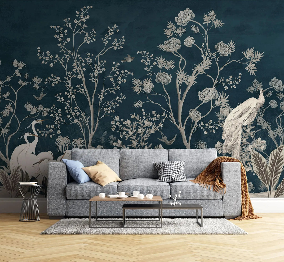 Tapet personalizat zen oriental cu pauni albi pe un fundal albastru inchis deep blue oriental