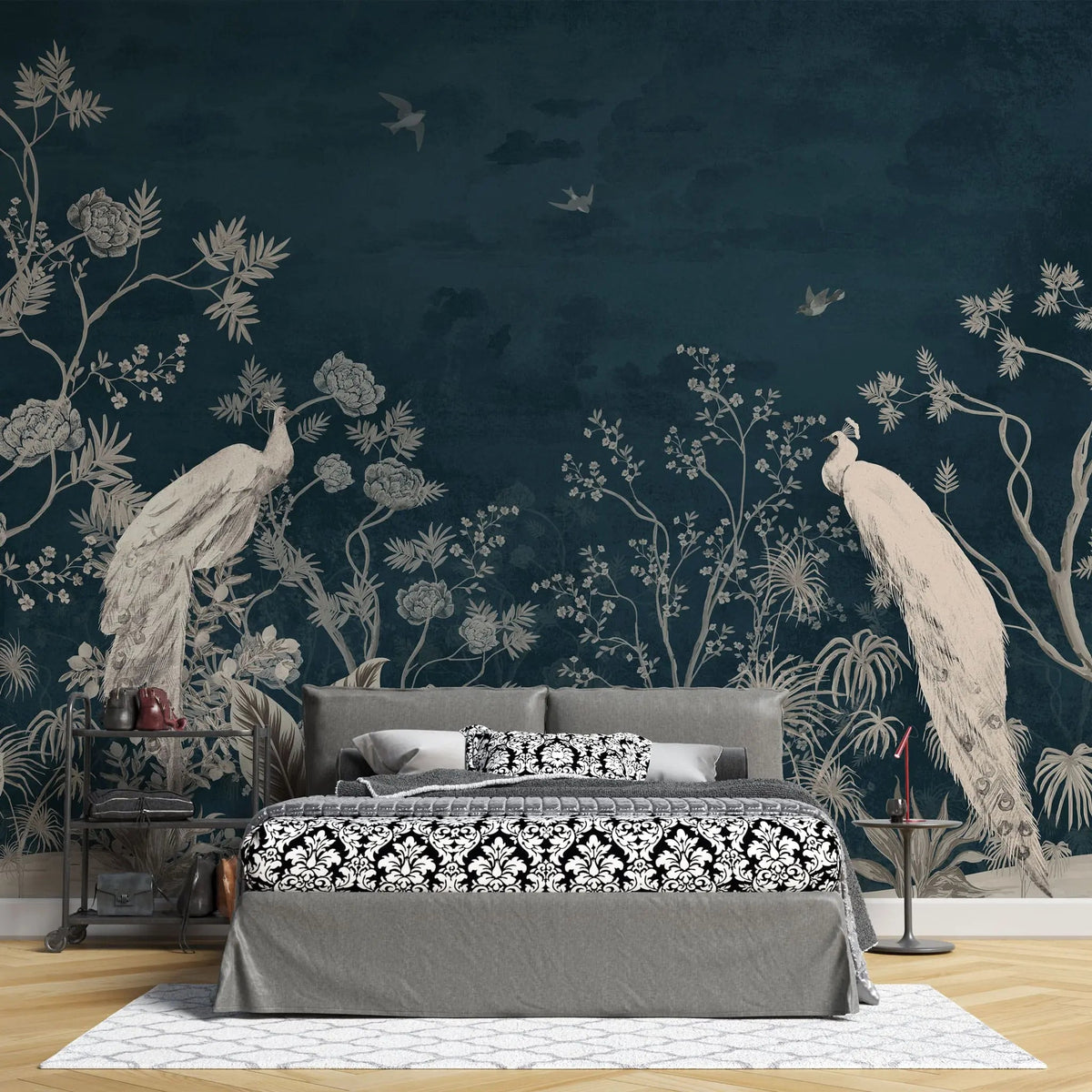 Tapet personalizat zen oriental cu pauni albi pe un fundal albastru inchis deep blue oriental