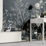 Tapet personalizat zen oriental cu pauni albi pe un fundal albastru inchis deep blue oriental