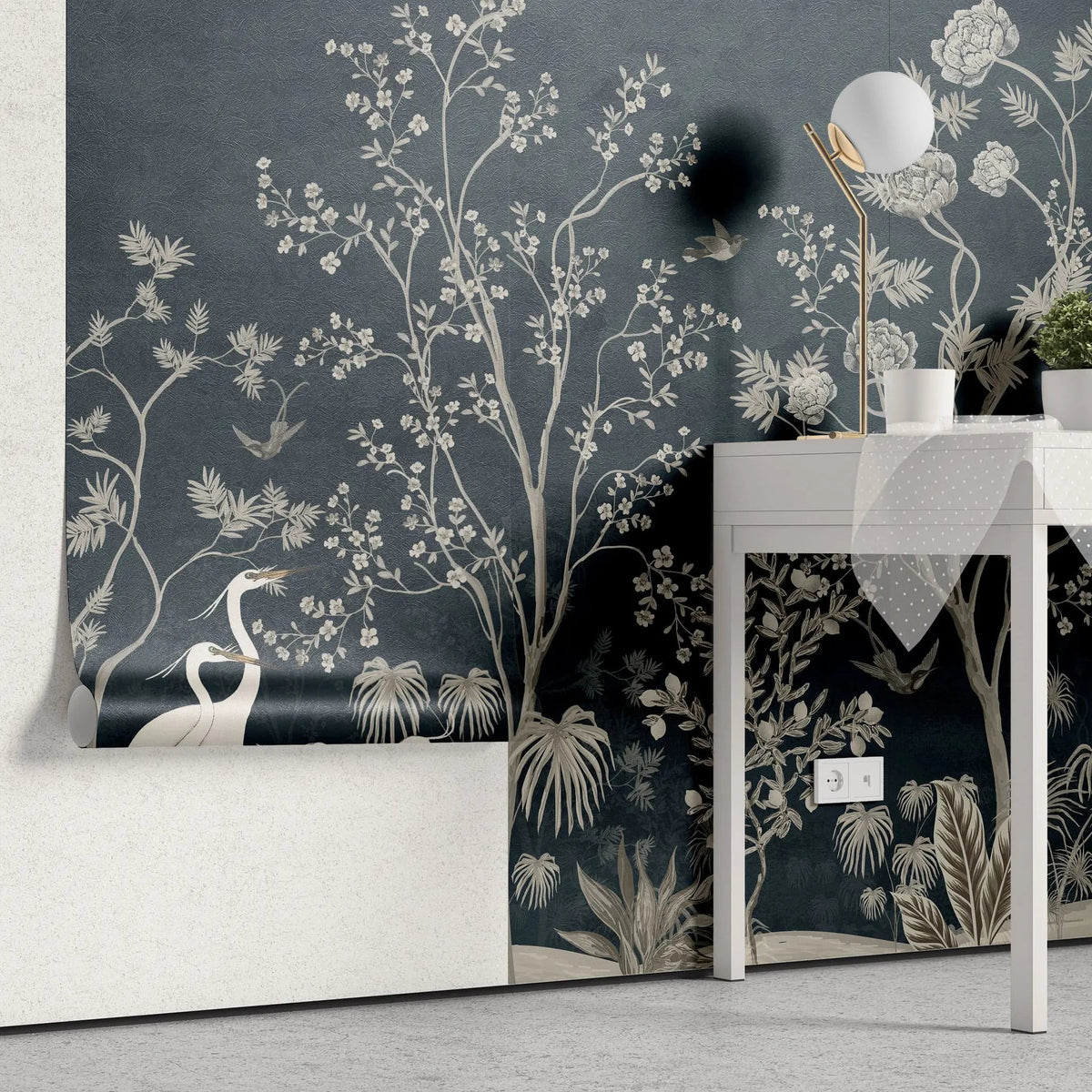 Tapet personalizat zen oriental cu pauni albi pe un fundal albastru inchis deep blue oriental