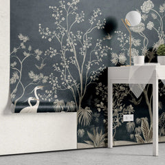 Tapet personalizat zen oriental cu pauni albi pe un fundal albastru inchis deep blue oriental
