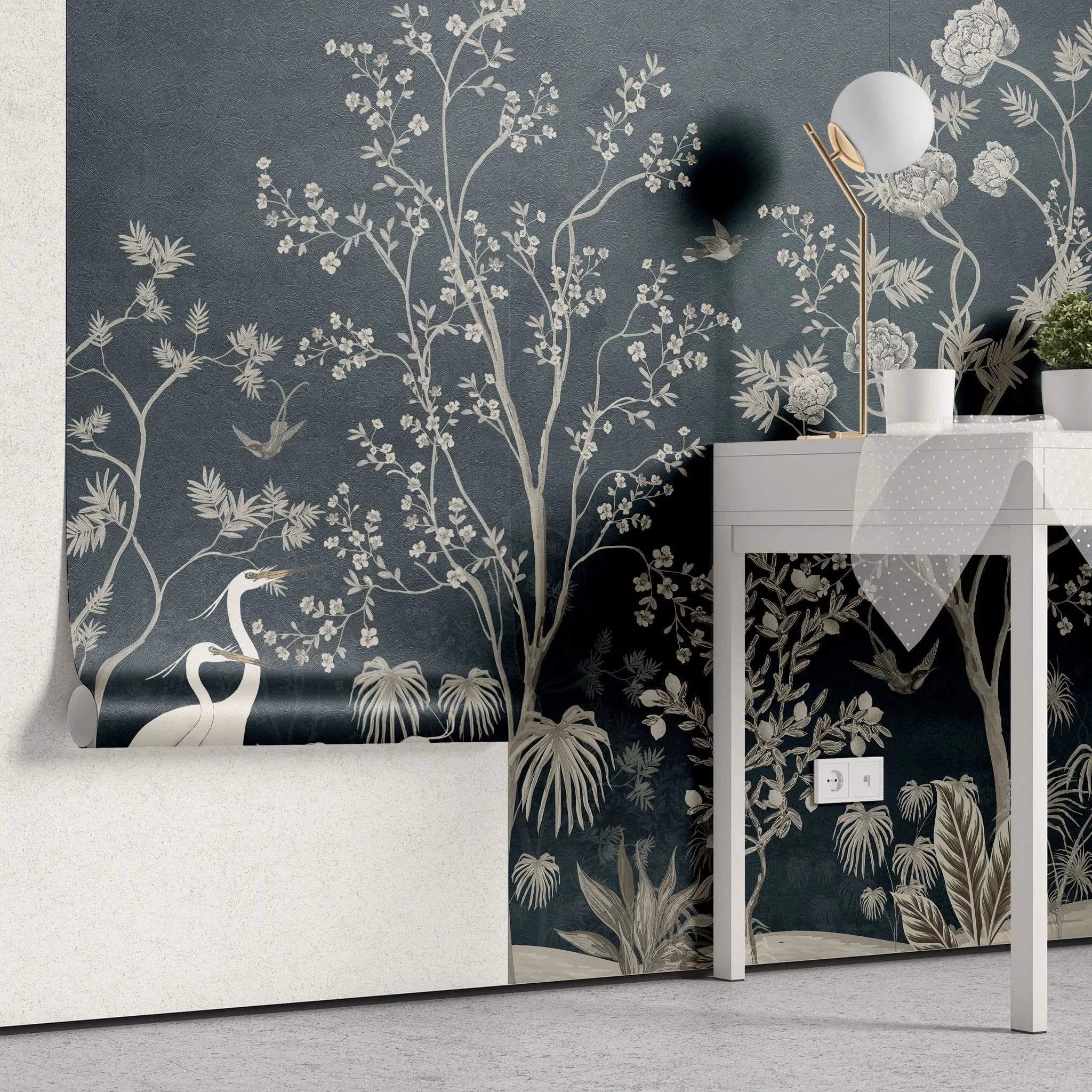 Tapet personalizat zen oriental cu pauni albi pe un fundal albastru inchis deep blue oriental