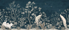 Tapet personalizat zen oriental cu pauni albi pe un fundal albastru inchis deep blue oriental