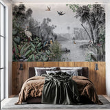 Tapet personalizat zen oriental cu peisaj exotic animale si plante tropicale exotic by the river