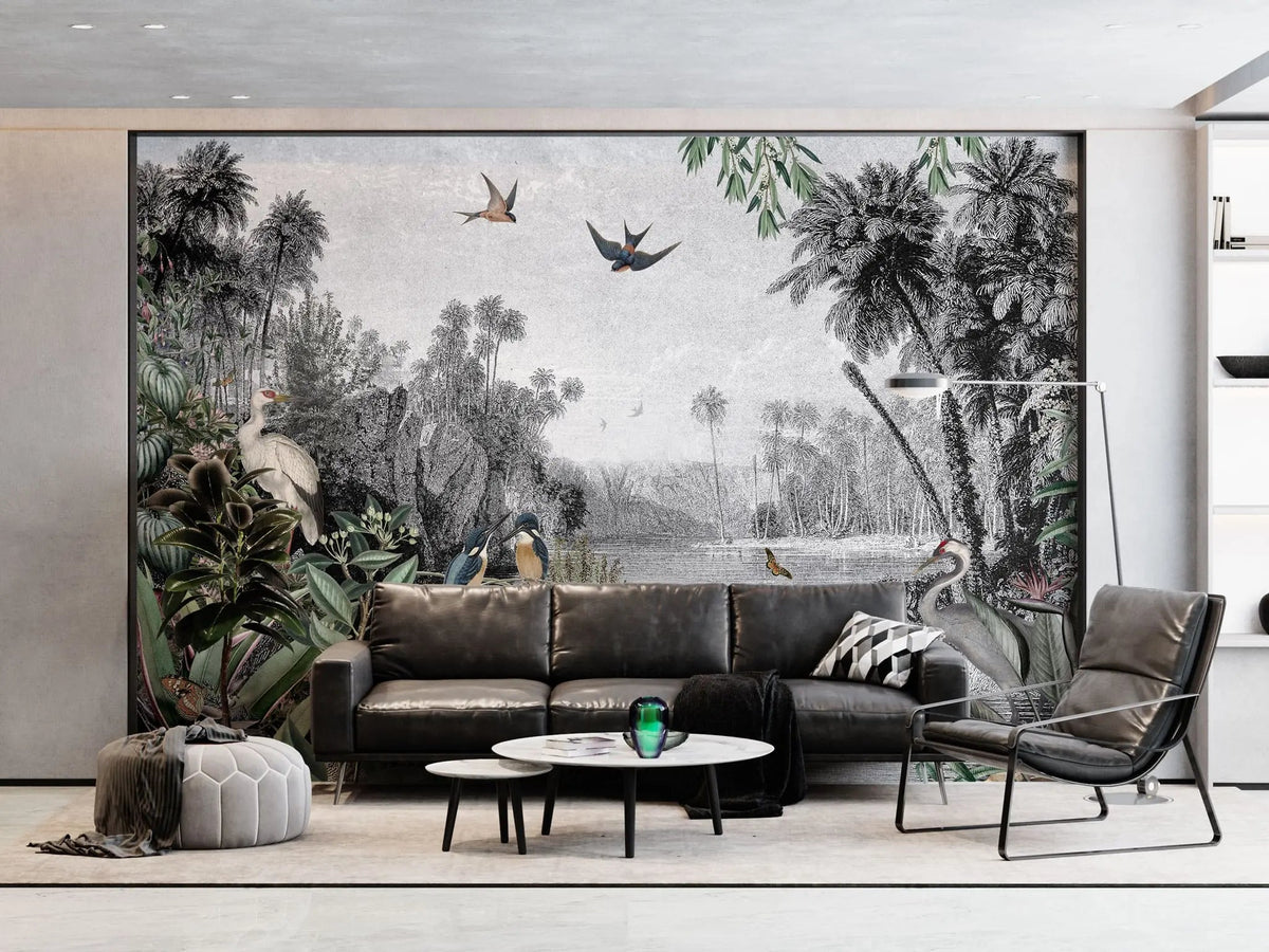 Tapet personalizat zen oriental cu peisaj exotic animale si plante tropicale exotic by the river