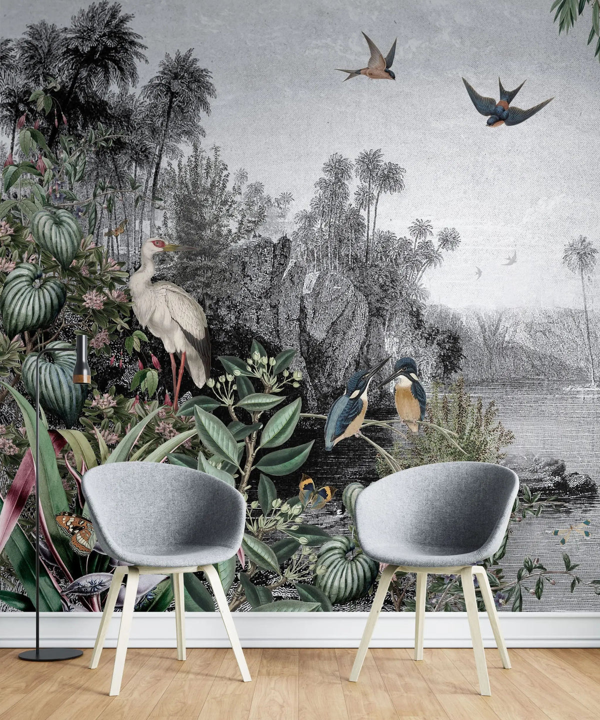 Tapet personalizat zen oriental cu peisaj exotic animale si plante tropicale exotic by the river