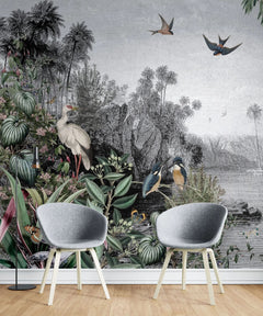 Tapet personalizat zen oriental cu peisaj exotic animale si plante tropicale exotic by the river