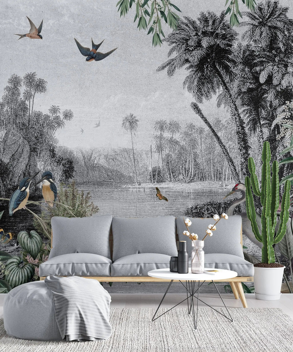 Tapet personalizat zen oriental cu peisaj exotic animale si plante tropicale exotic by the river