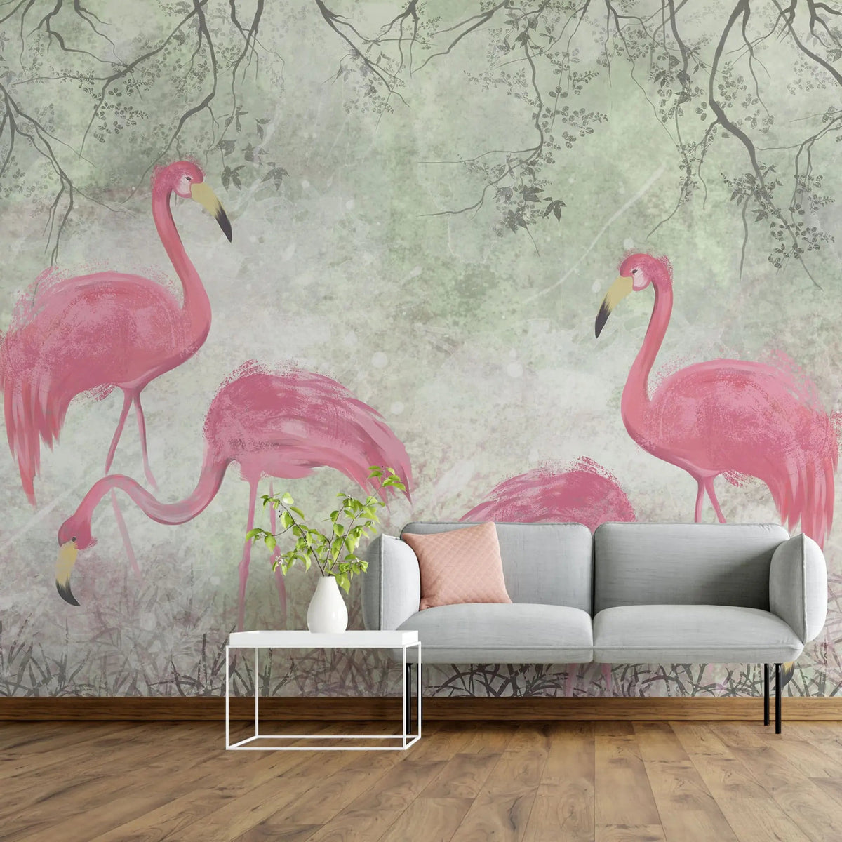 Tapet personalizat zen oriental cu pasari flamingo roz pe un fundal vernil minty flamingo