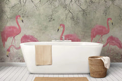 Tapet personalizat zen oriental cu pasari flamingo roz pe un fundal vernil minty flamingo