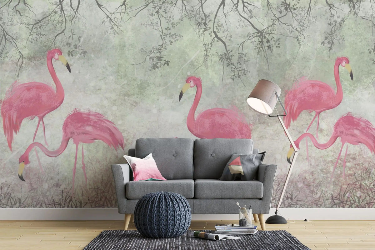 Tapet personalizat zen oriental cu pasari flamingo roz pe un fundal vernil minty flamingo