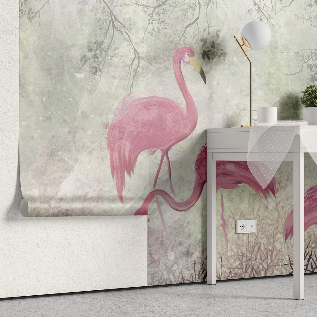 Tapet personalizat zen oriental cu pasari flamingo roz pe un fundal vernil minty flamingo
