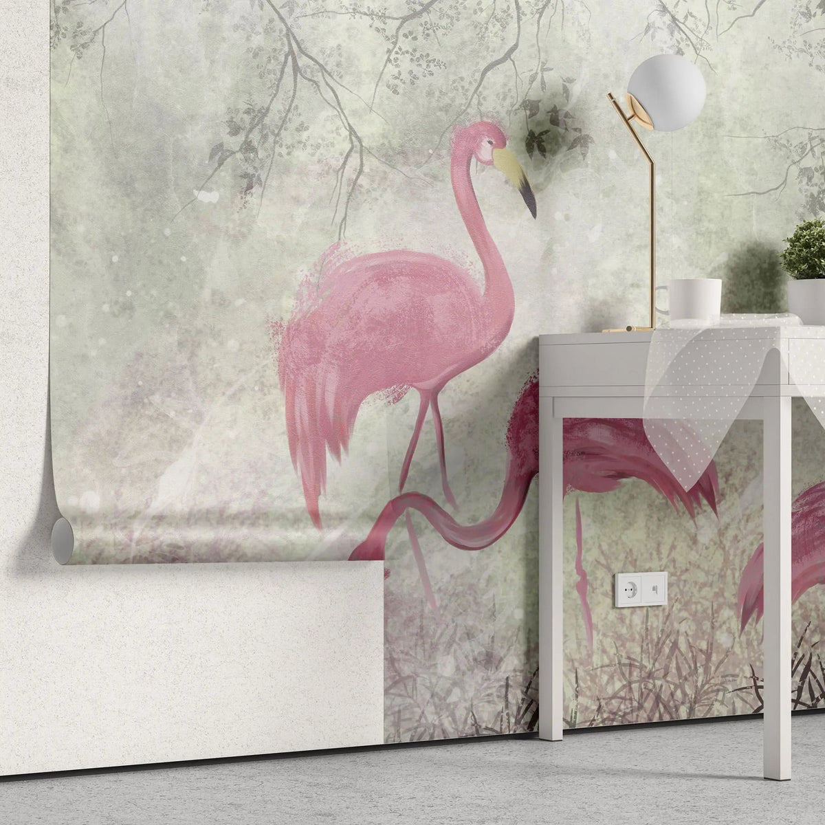 Tapet personalizat zen oriental cu pasari flamingo roz pe un fundal vernil minty flamingo