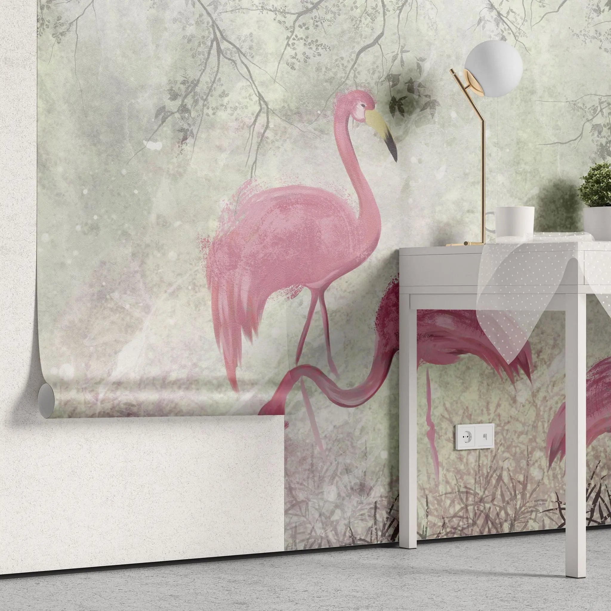 Tapet personalizat zen oriental cu pasari flamingo roz pe un fundal vernil minty flamingo