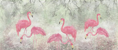 Tapet personalizat zen oriental cu pasari flamingo roz pe un fundal vernil minty flamingo