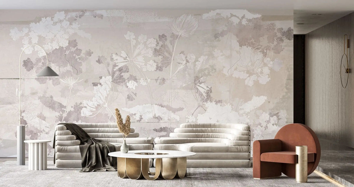 Tapet personalizat zen oriental cu flori albe pe un fundal bej deschis serenity light
