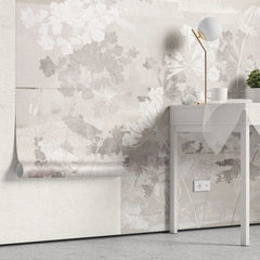 Tapet personalizat zen oriental cu flori albe pe un fundal bej deschis serenity light
