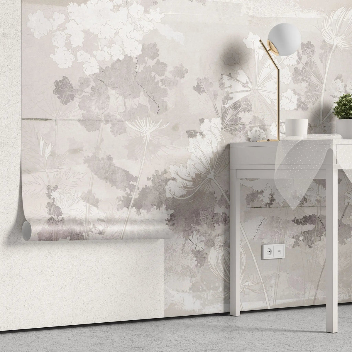 Tapet personalizat zen oriental cu flori albe pe un fundal bej deschis serenity light