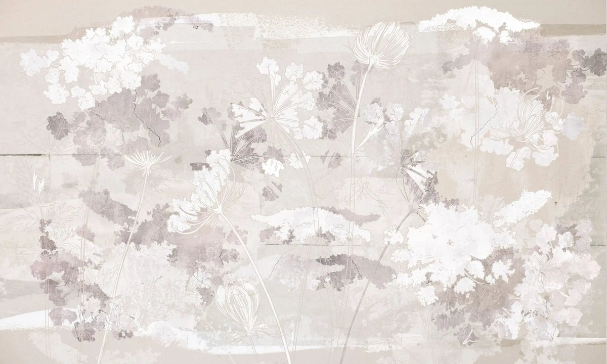 Tapet personalizat zen oriental cu flori albe pe un fundal bej deschis serenity light