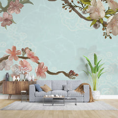 Tapet personalizat zen oriental cu flori de cries inflorite pe un fundal verde menta minty cherry blossom