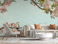 Tapet personalizat zen oriental cu flori de cries inflorite pe un fundal verde menta minty cherry blossom