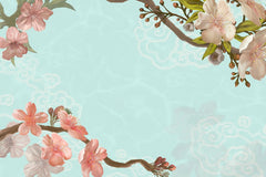 Tapet personalizat zen oriental cu flori de cries inflorite pe un fundal verde menta minty cherry blossom