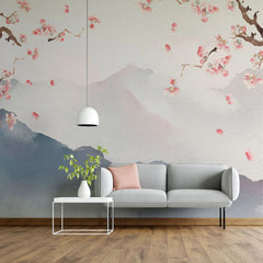 Tapet personalizat zen oriental cu peisaj montan si crengi de cires inflorit mountain cherry tree